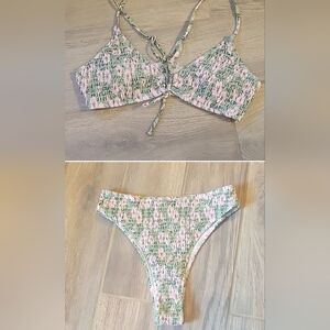 SHEIN Cheeky Floral Pink & Green textured bikini, Size Small